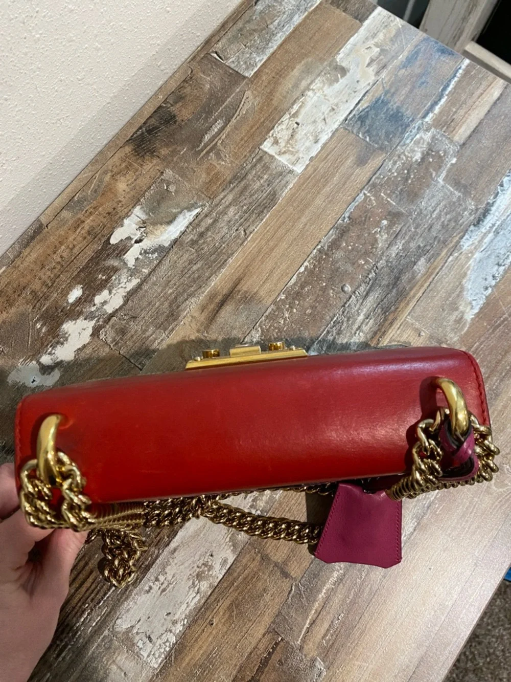 Gucci Red Leather Top Flap GG Canvas Chain Shoulder Bag - Picture 7 of 16